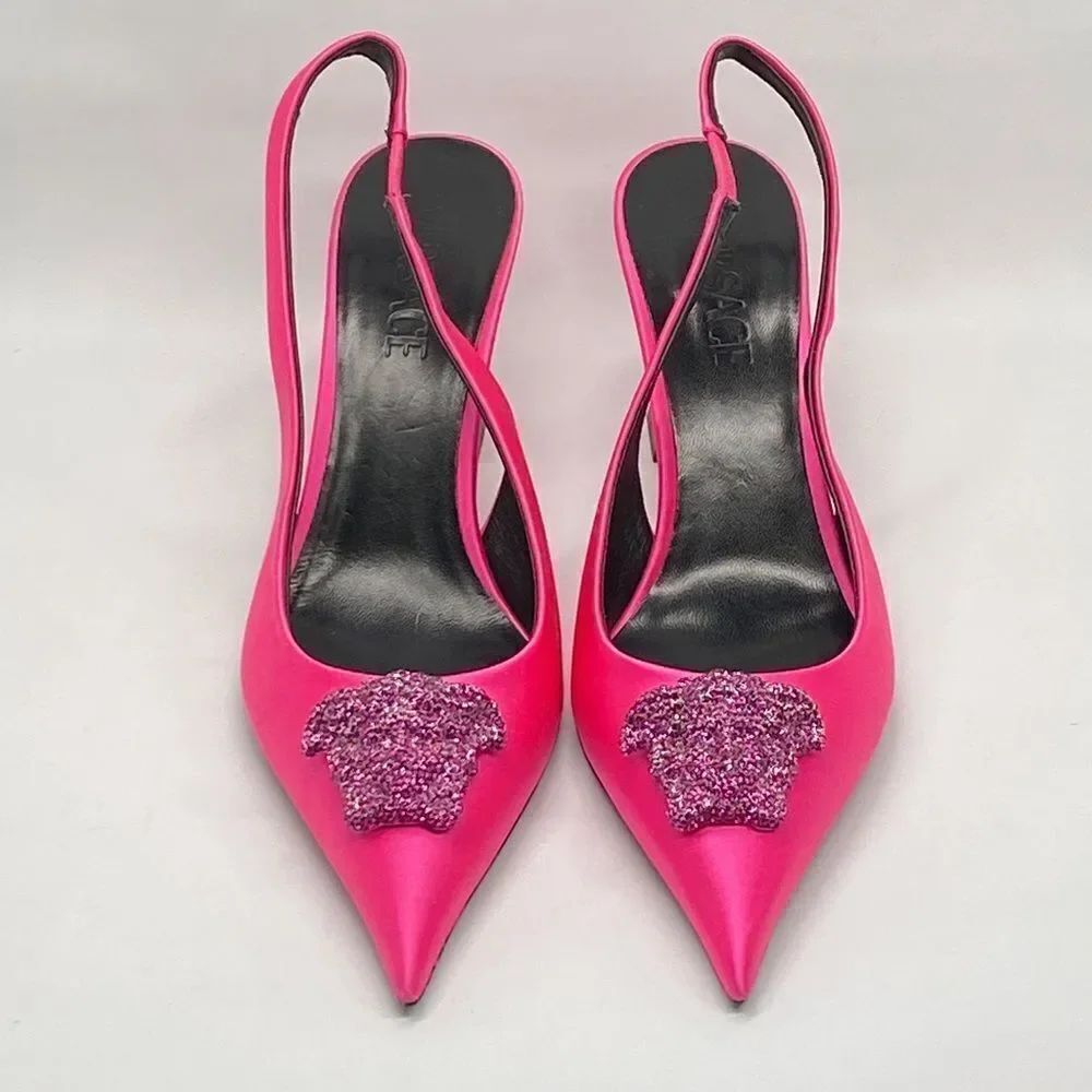 Versace La Medusa Embellished Silk Blend Slingback Pump size 37.5